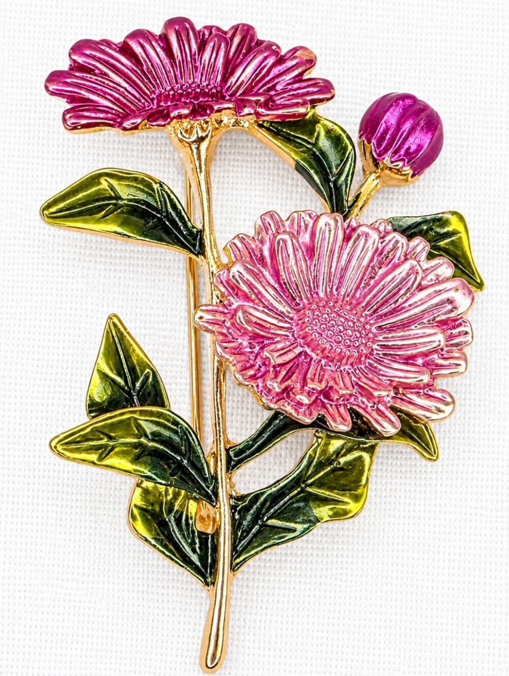 Pink Enamel Flower Brooch Pin Gold Tone Floral Statement Jewelry EUC